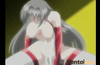 Busty brunette anime babe in long red gloves riding a long dong passionately